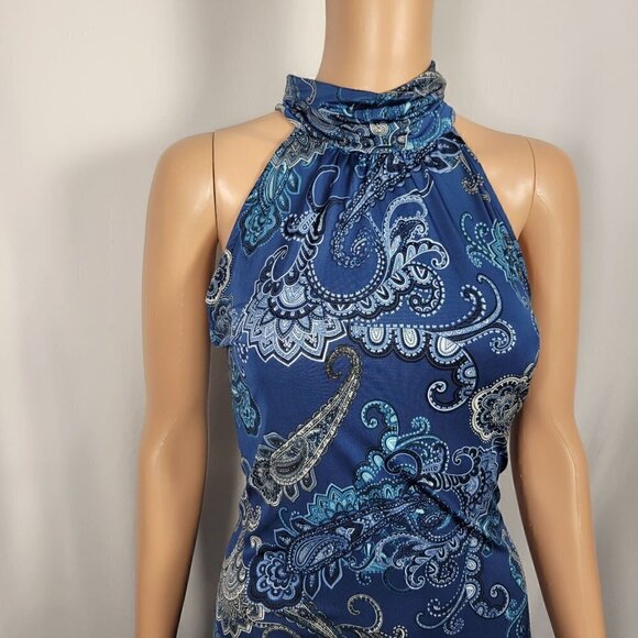 NWT Ariella Women's Mock/High Neck Sleeveless Blue Pattern Slit Maxi Dress Sz L - Picture 2 of 14